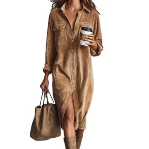 Stylish brown corduroy long-sleeve shirt dress with front buttons and lapel collar