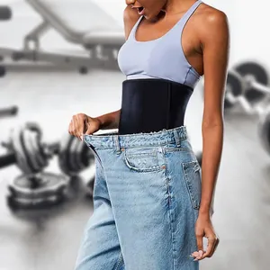 Slimming neoprene waist trainer belt shown with oversized jeans to demonstrate effect