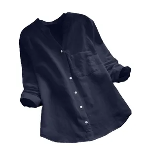 Chemise ample en coton et lin bleu marine avec col en V et poche poitrine style décontracté
