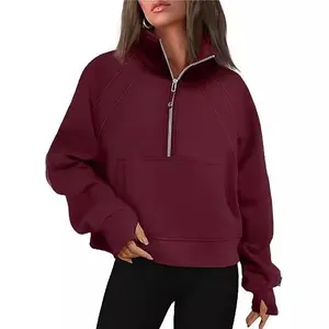 Burgundy half-zip cropped hoodie with stand collar and thumbholes for women