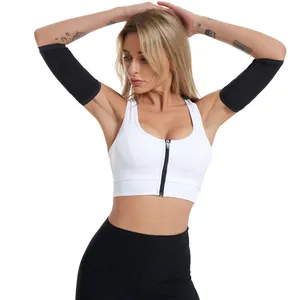 Close-up of black sweat-wicking sauna arm trimmers for women's fitness and yoga training