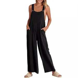 Comoda tuta estiva da donna in cotone e lino nero a gamba larga per look casual quotidiani.
