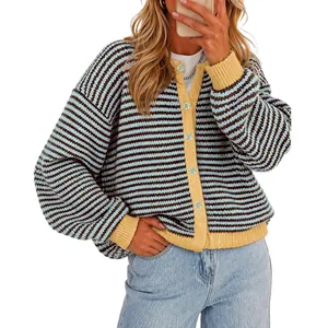 Stylish women's striped knit cardigan sweater with round neck and yellow ribbed trim