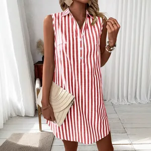 Red and white vertical striped sleeveless V-neck shirt dress for casual summer wear