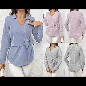 Vertical striped long sleeve blouse with wrap knot for women in blue, pink, and grey.