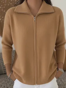 Elegant camel ribbed knit cardigan sweater for women with front zipper and lapel collar