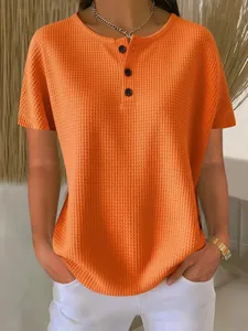 Women Waffle Knit Short Sleeve T-Shirt Casual Round Neck Button Henley Top Loose Solid Color Summer Tee