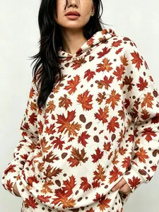 Women's vintage oversized hoodie with autumnal maple leaf print and drop shoulders