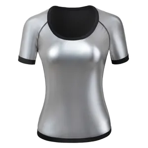 T-shirt de sauna argenté pour femme, vêtement de sudation pour fitness et minceur.