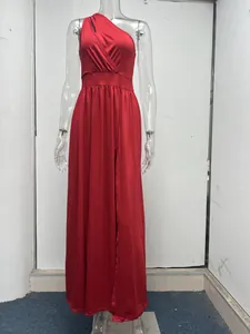 Elegant red one-shoulder sleeveless maxi dress with high waist and high side slit detail