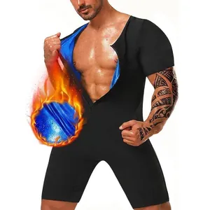 Men Sauna Suit Body Shaper Compression Jumpsuit Short Sleeve Round Neck Front Zipper Belly Control Sweat Top And Bottom