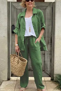Elegantes grünes Leinen-Zweiteiler-Set aus Hemd und Hose für Damen Freizeitmode