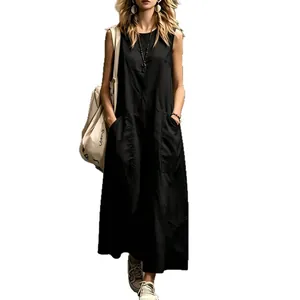 Elegant black sleeveless maxi dress with pockets, minimalist summer cotton linen style
