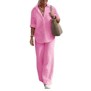 Casual pink two-piece set for women featuring a lapel long sleeve shirt and wide leg pants.