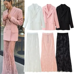 Elegant double-breasted blazer and lace maxi skirt set in white, pink, and black colors