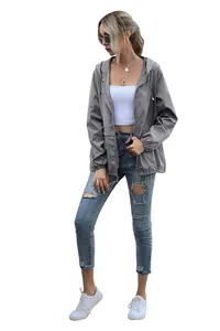 Detailed full-body view of grey women's lightweight outdoor hooded rain jacket