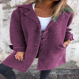 Stylish purple mid-length button-down cardigan with lapel and pockets
