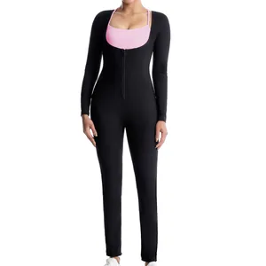 Vue détaillée d'un body de sauna noir à compression pour femme avec zip frontal
