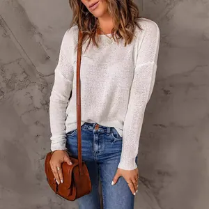 Casual white long-sleeved knitted sweater for women with lightweight texture