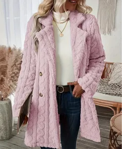 Manteau élégant en polaire rose clair pour femme avec boutons croisés et col à revers