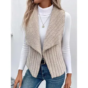 Fashionable beige sleeveless vest for women with textured fleece and ribbed design
