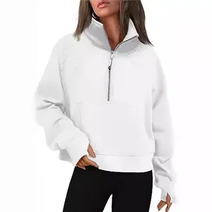 Women's white half-zip cropped fleece sweatshirt with stand collar and thumb holes