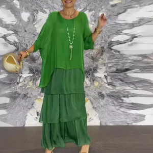 Dames Europese Mode Chiffon Mesh Vleermuismouw Ronde Hals Gelaagde Rok Maxi Jurk Luxe Lange Jurk