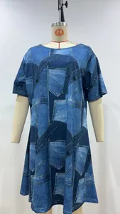 Women's short sleeve T-shirt dress featuring a vintage faux denim patchwork print