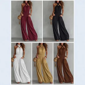 Women Halter Neck Backless Smocked Jumpsuit Bohemian Solid Color Wide Leg Long Pants With Pockets Polyester Jumpsuit Dress