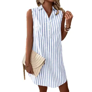 Blue and white striped sleeveless V-neck button shirt dress in loose casual style