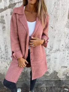 Detailed close-up showing the dusty rose knit texture of this long lapel cardigan coat