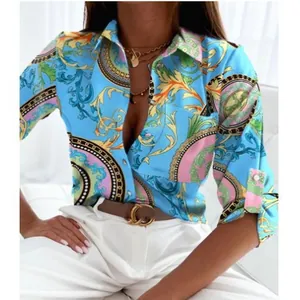Elegante camicia a maniche lunghe da donna con stampa floreale barocca blu brillante