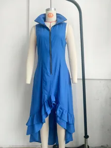 Detail view of a blue sleeveless dress with a front zipper and ruffled high-low hem