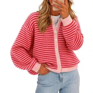 Cozy pink and red striped knitted cardigan for women, autumn winter casual style