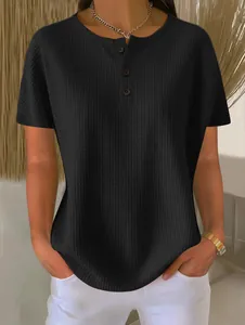 Casual black waffle knit henley shirt with short sleeves and loose fit design for summer