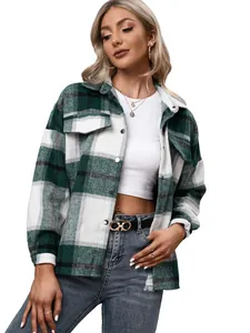 Gedetailleerd overzicht van een groen-wit geruit flanellen overshirt op een fotomodel