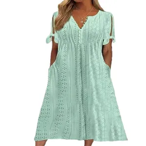 Robe élégante en dentelle vert menthe à col en V avec volants et taille haute pour femme