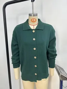 Green knitted cardigan for women with lapel collar and wooden buttons casual sweater detail view