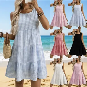 Damen Sommer Ärmelloses Gingham Plaid Gestuftes Kleid Lässiges U-Ausschnitt Lockeres A-Linie Strand Sonnenkleid Für Damen