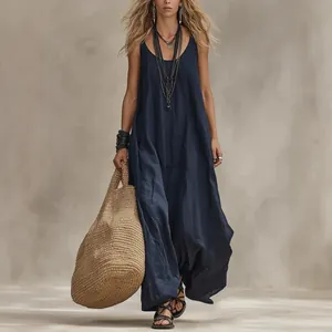 Navy blue sleeveless bohemian maxi dress, loose casual style for summer resort wear