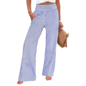 Women's blue and white vertical striped high waist wide-leg trousers with smocked waist