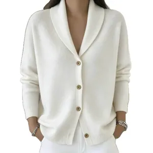 Cardigan in maglia bianco con collo a scialle da donna, maglione morbido stile ampio