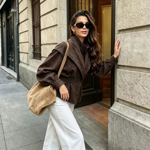 Chic brown suede waist-slimming jacket for women in a retro British street style