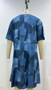 Detailed back view of a faux denim patchwork print short sleeve t-shirt dress