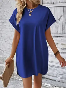 Close-up of a blue short-sleeved t-shirt dress with a relaxed fit and round neck