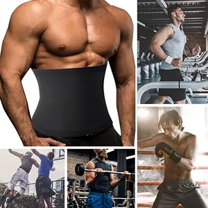 Men's fitness waist trimmer belt shown in various exercise scenarios for sweat enhancement