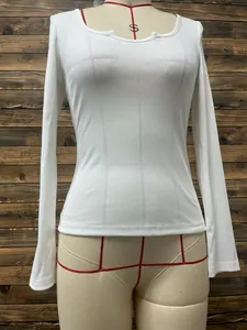 Close-up of white slim fit long-sleeved t-shirt with elegant double U-neck design