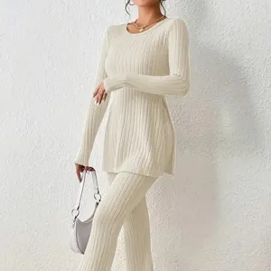 Women Slim Fit Knit Ribbed Set Solid Color Round Neck Side Split Top And Bottom Flare Pants Casual Fashion Loungewear Set