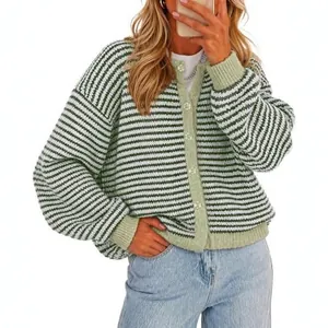 Women's chic green and white striped knit cardigan with round neck and button front