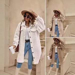Abrigo Teddy Oversize para Mujer Chaqueta Larga de Felpa Solapa Abotonadura Sencilla Botones Cálido Outwear Invierno Top